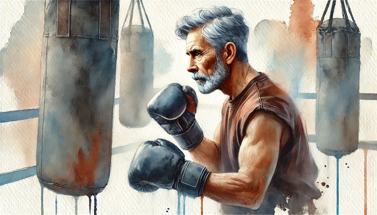 Illustration of an older man in a boxing stance with gloves beside the heavy bags