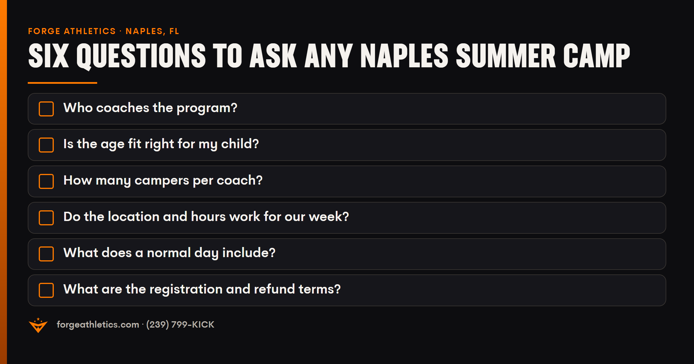 Checklist of six questions to ask any Naples summer camp, from Forge Athletics